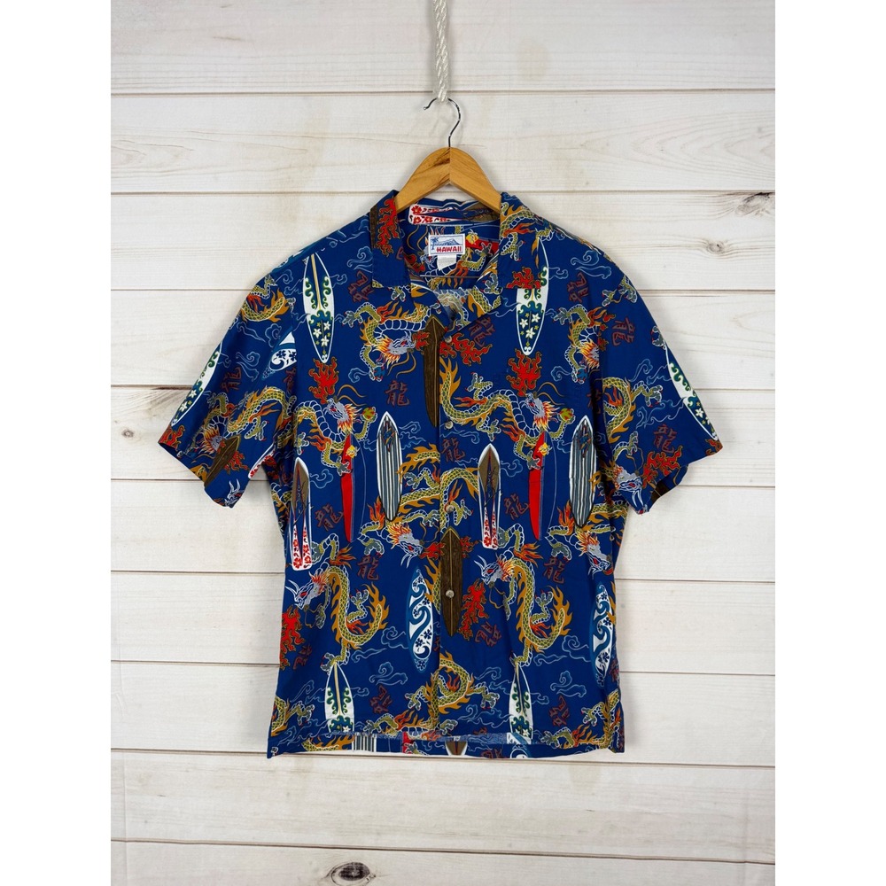 Vintage Hawaii Shirt Mens L Blue Dragon Surfboard Print Cotton Funky Made USA
